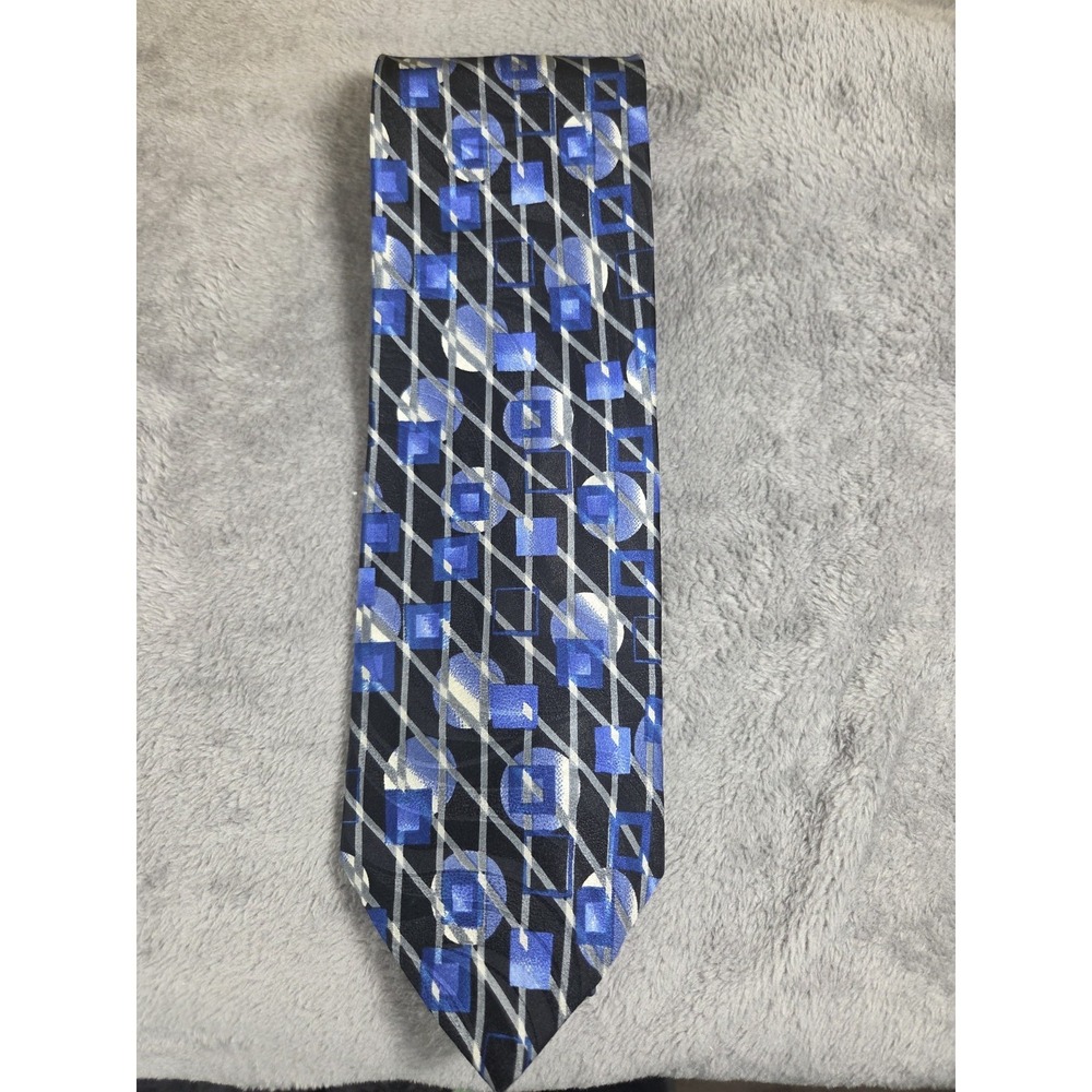 Pavone‎ Men's Neck Tie Blue Black Geometric Made In Italy Silk 3.75/60